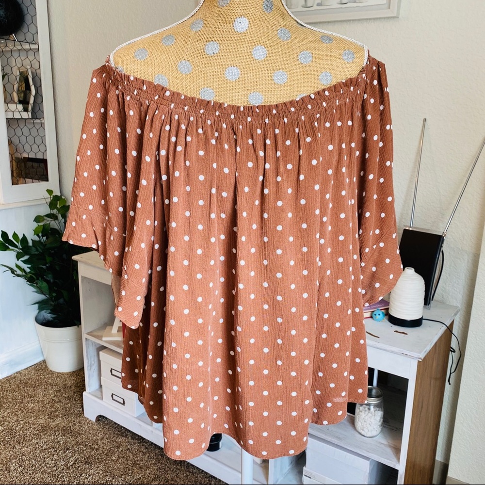 Orange brown polka dotted off the shoulder top